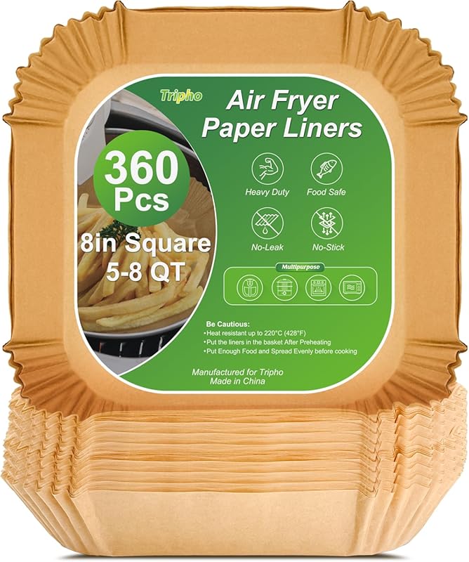 360 PCS 8” Square Unbleached Heavy-Duty Disposable Air Fryer Paper Lin