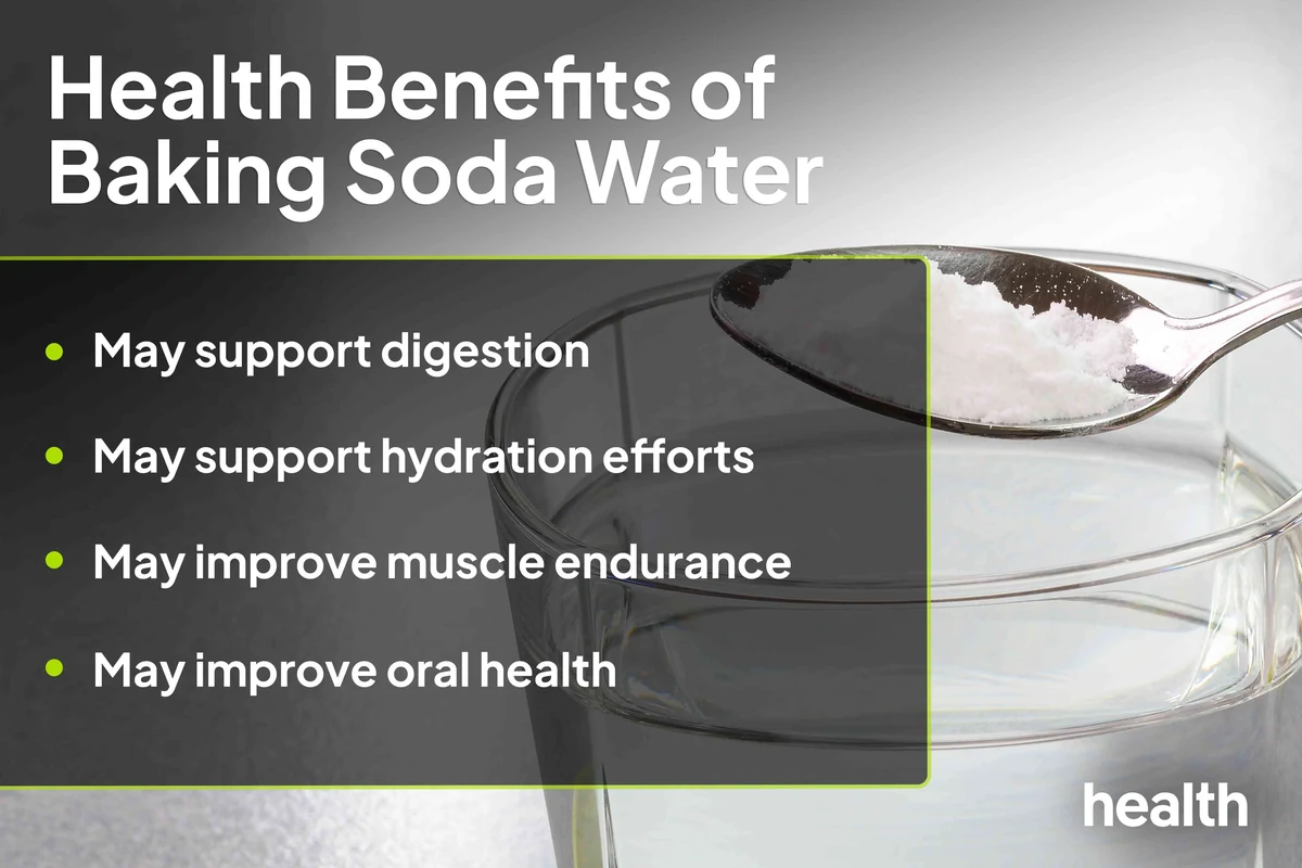 Glass of water with baking soda beside a measuring spoon in a kitchen