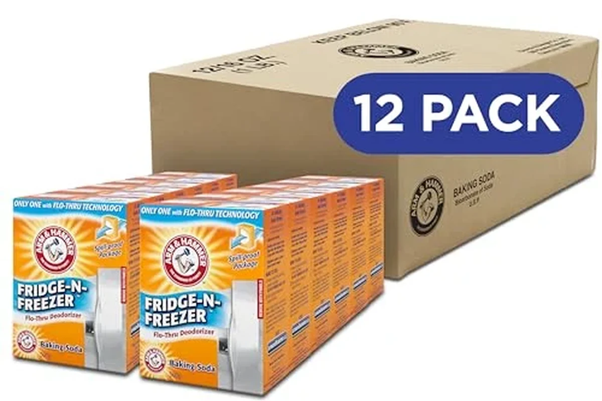 Open box of baking soda used for odor control in a clean kitchen