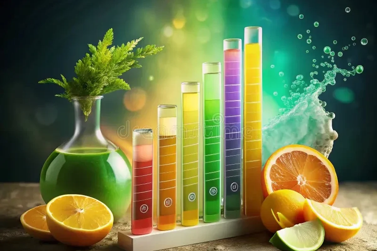 Baking soda with measuring spoons and ingredients used in baking chemistry