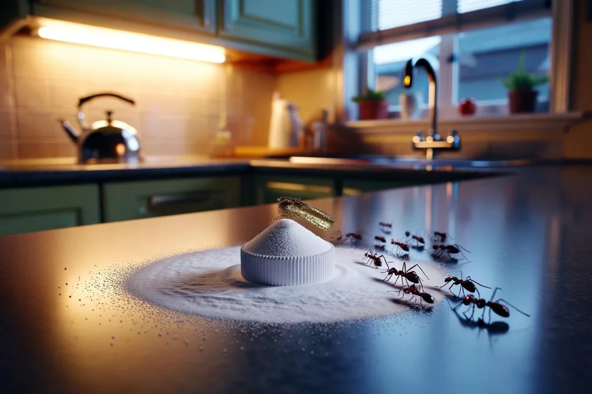 Kitchen scene with baking soda and sugar bait used for ant control