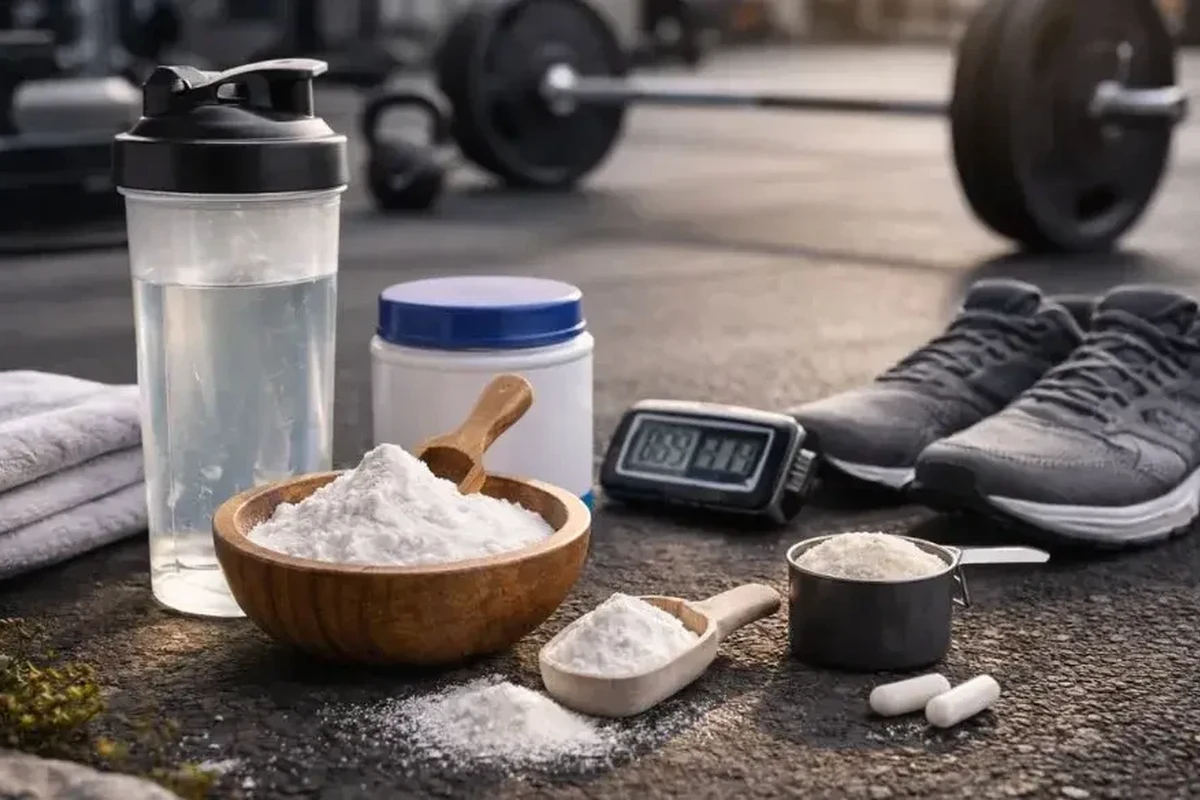 Athlete preparing baking soda as pre workout in a kitchen with water and measuring spoon