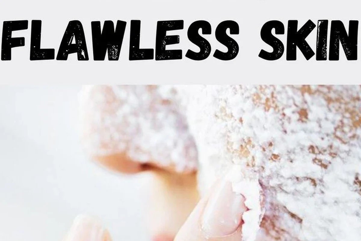 Woman gently applying a baking soda face mask beside a cleanser and moisturizer