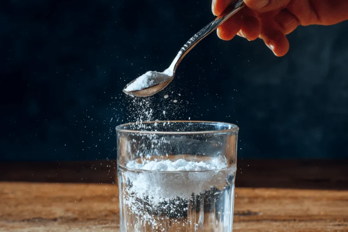 Man reading about baking soda for ED with a glass and kitchen ingredients nearby