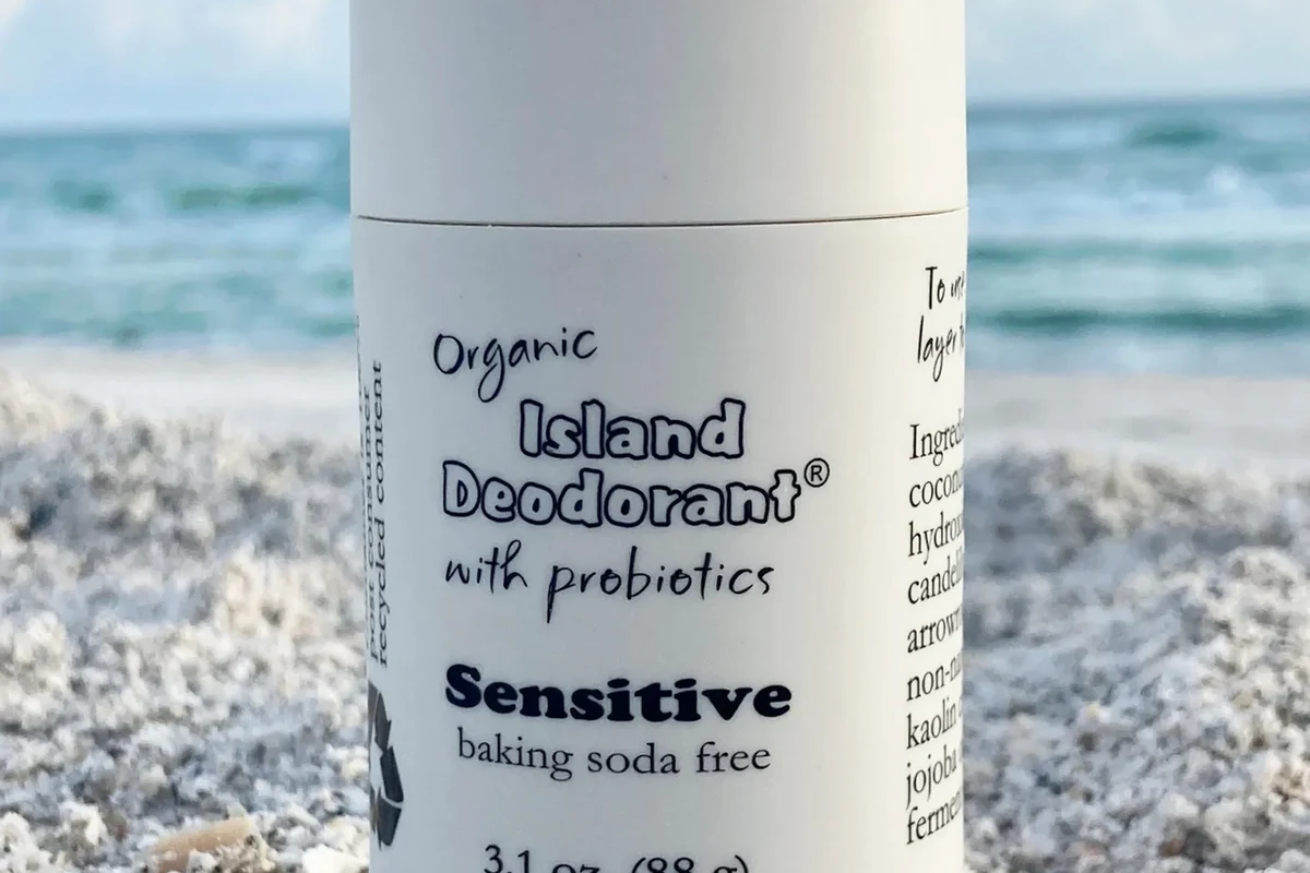 Sensitive skin deodorant products with fragrance-free baking soda free formulas on a bathroom counter