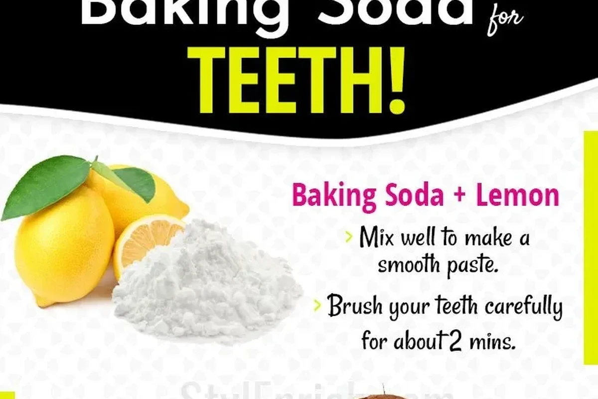 Baking soda on a toothbrush beside a glass of water for dental care