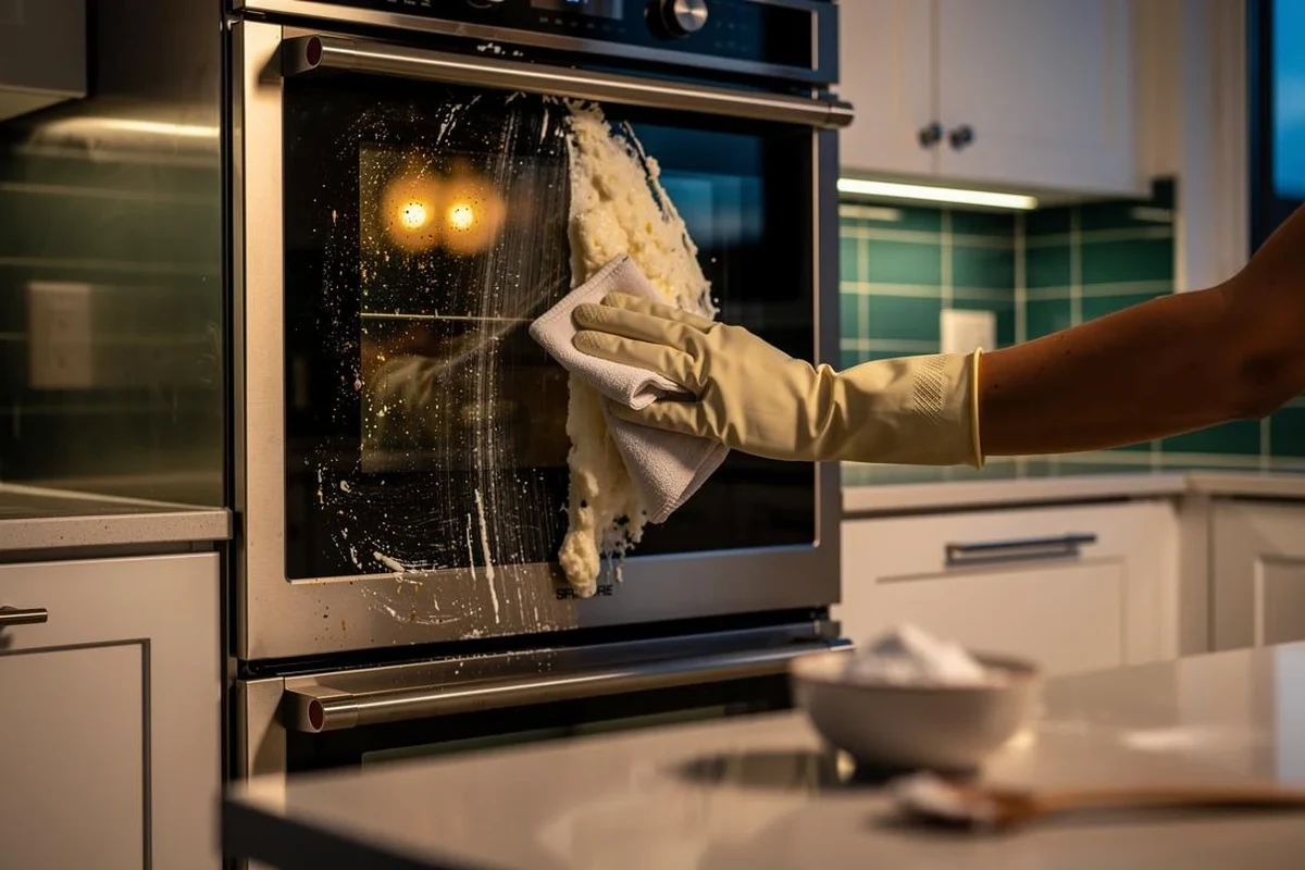 Baking soda paste being used to clean grease from a kitchen stovetop and pan