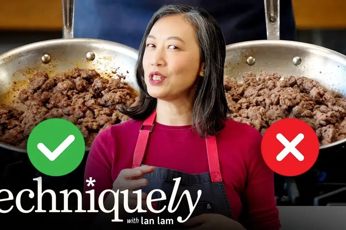 Ground beef in a skillet with baking soda for tender juicy texture