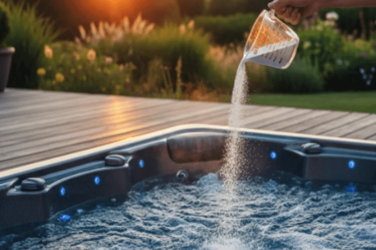 Hot tub water testing with baking soda nearby for safe alkalinity adjustment