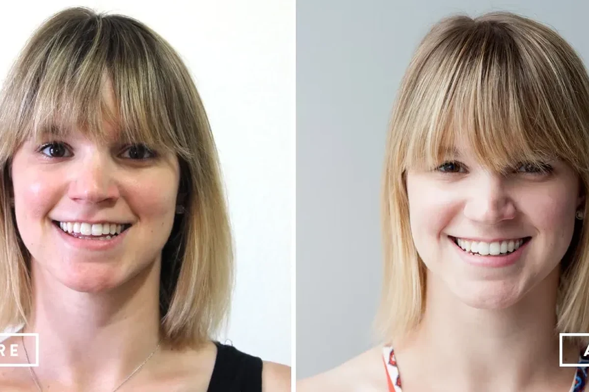 Woman examining hair strands after DIY baking soda and lemon juice lightening attempt