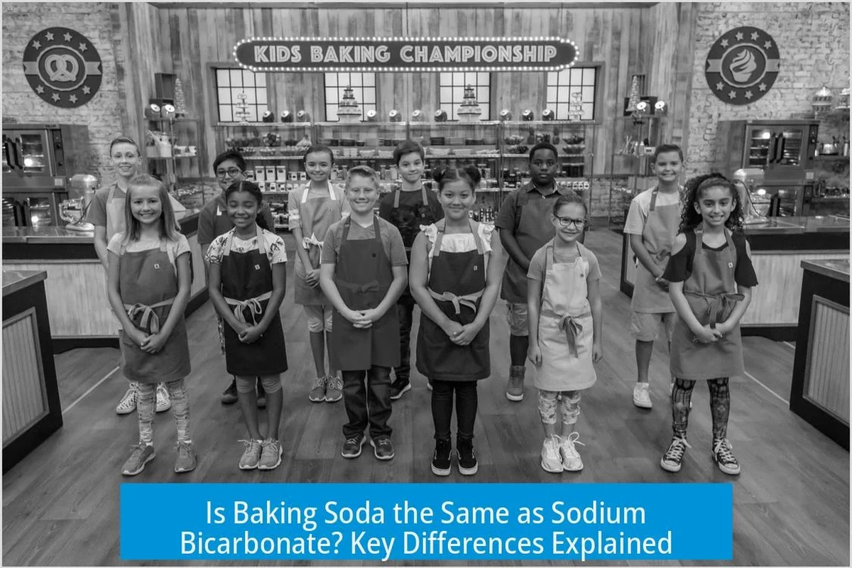 Baking soda box beside a label reading sodium bicarbonate in a kitchen setting