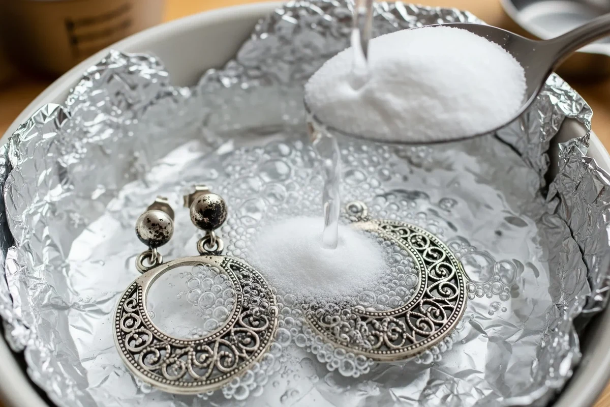 Silverware being cleaned at home with baking soda, foil, and warm water