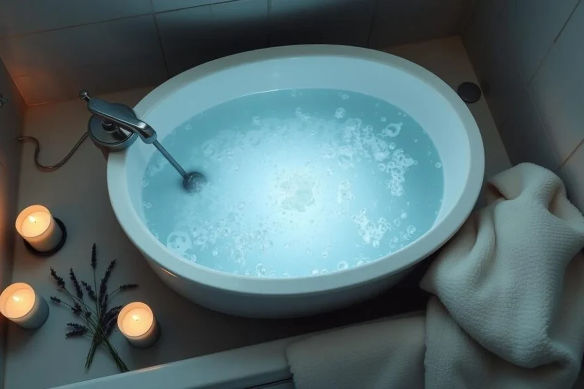 Baking soda sitz bath setup with warm water and a clean basin for soothing comfort