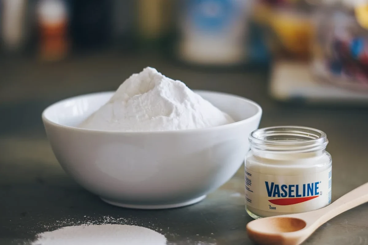 Baking soda and Vaseline mixture in a small bowl with cleaning and skin care items