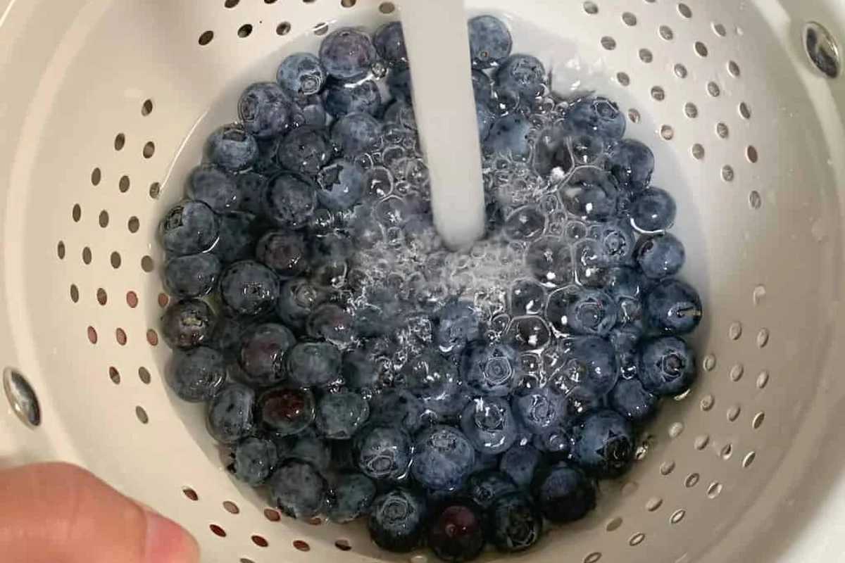 Fresh blueberries being rinsed in a bowl with baking soda and cool water