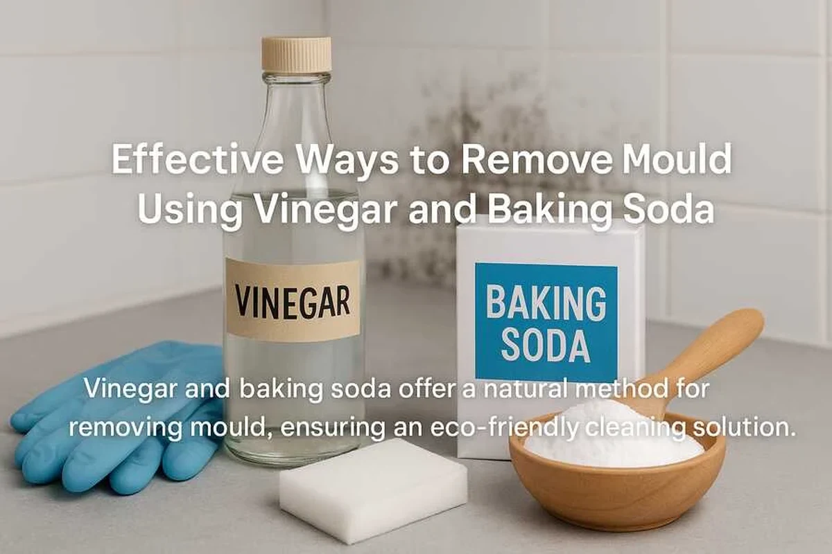 Person cleaning mould on bathroom tile with vinegar, baking soda, brush, and cloth