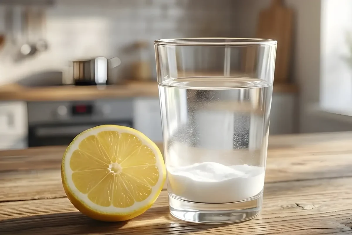 Glass of lemon and baking soda water with visible fizz on a kitchen counter