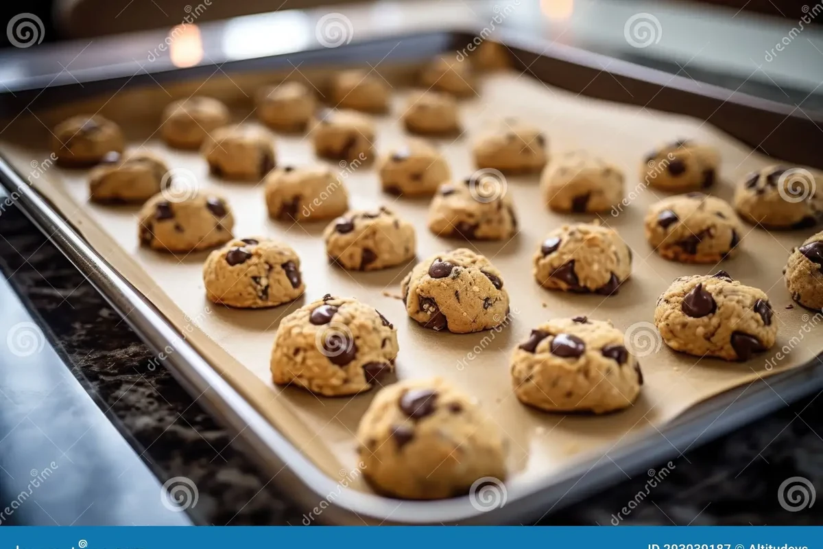 Chocolate chip cookies without baking soda on a baking sheet with soft centers