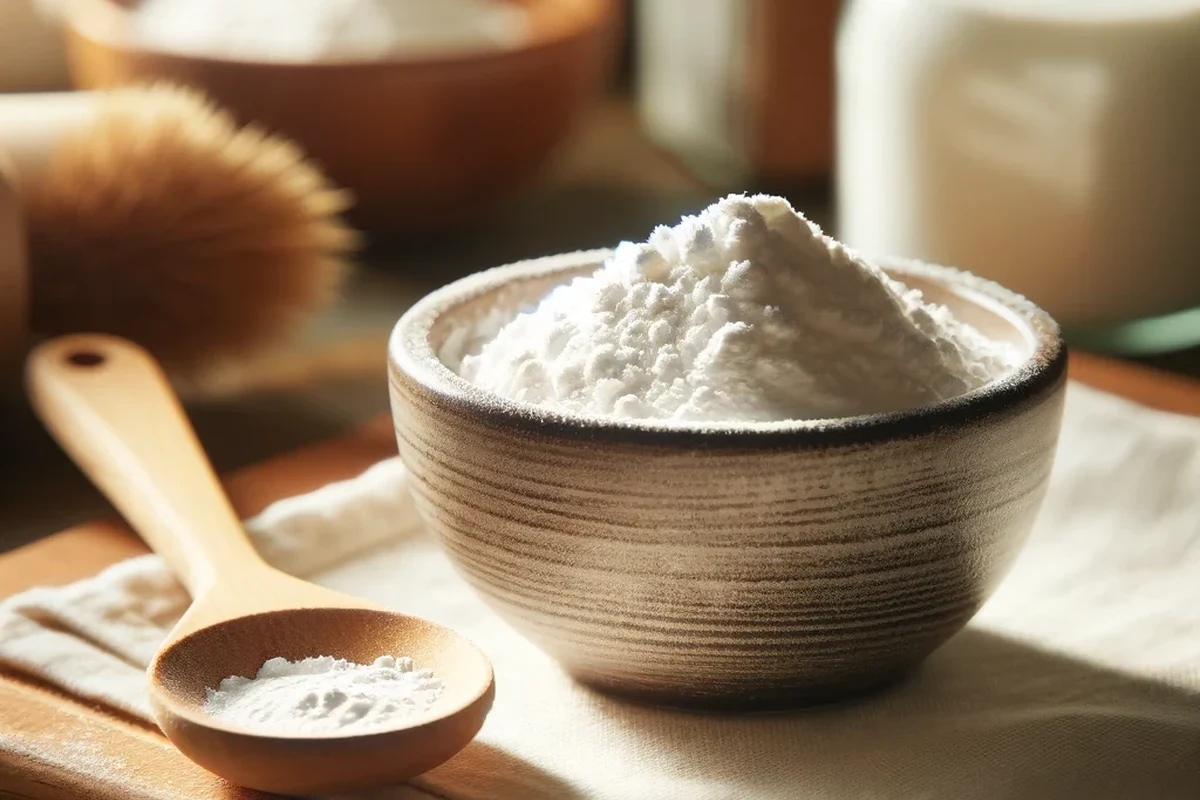 Open box of baking soda with measuring spoon and vinegar test in a kitchen