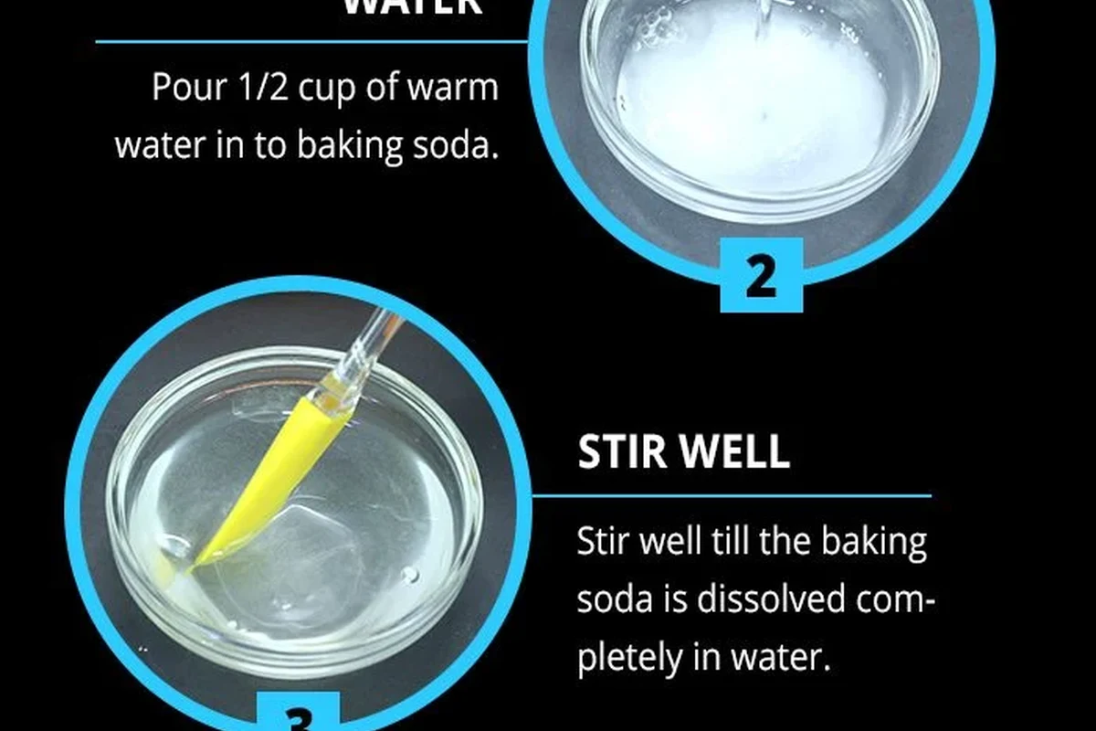 Person using a baking soda mouth rinse for mouth sore relief in a kitchen setting