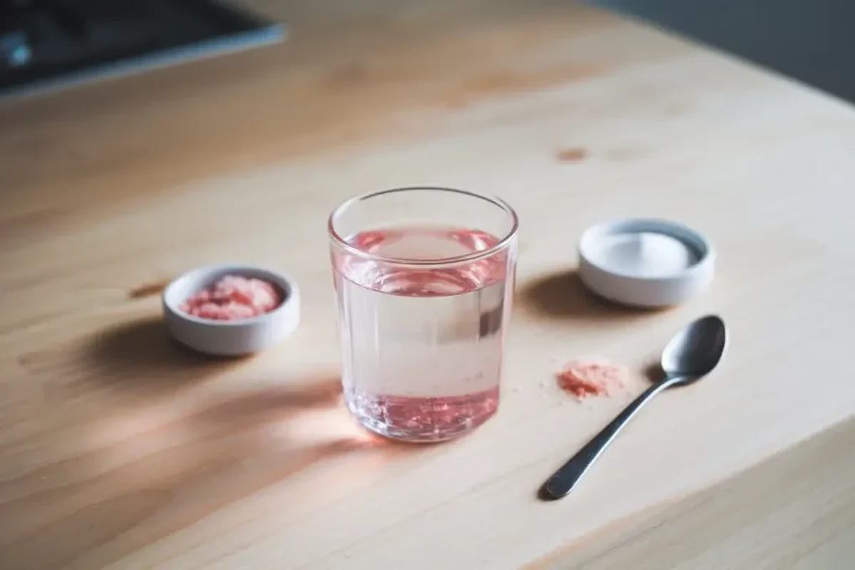 Baking ingredients pink salt and baking soda arranged on a kitchen counter
