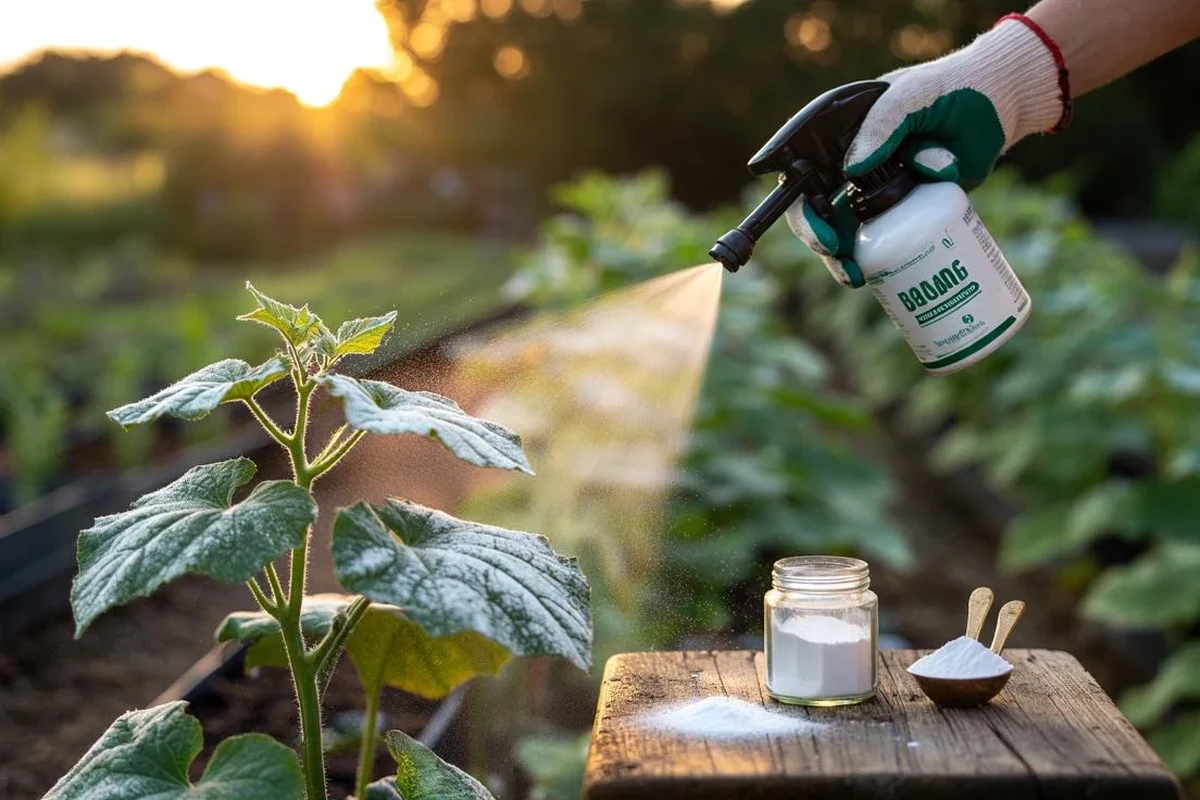 Garden leaves showing powdery mildew treatment with a baking soda spray bottle