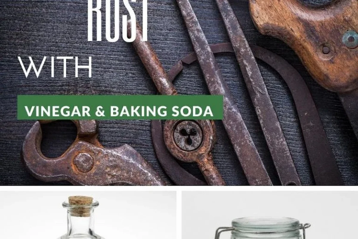Baking soda and vinegar rust removal supplies beside a rusty metal tool