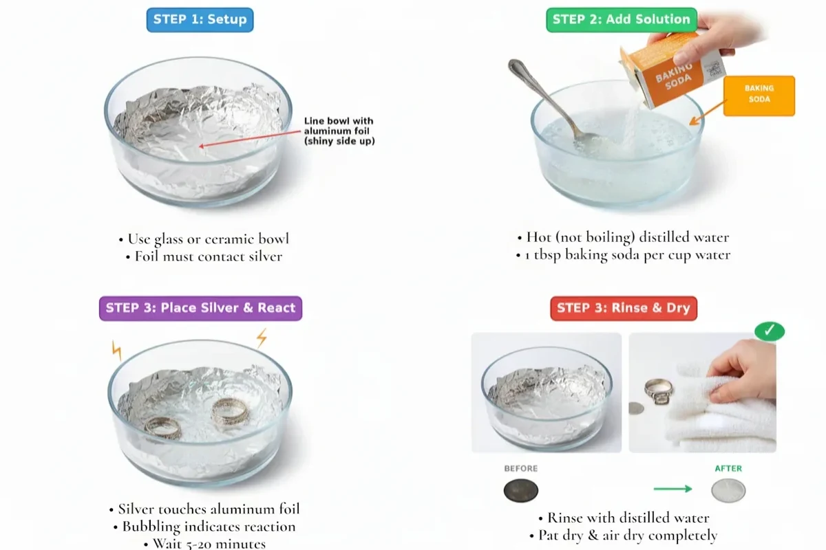 Shine silver baking soda with soft cloth, silver tray, and kitchen sink cleaning setup