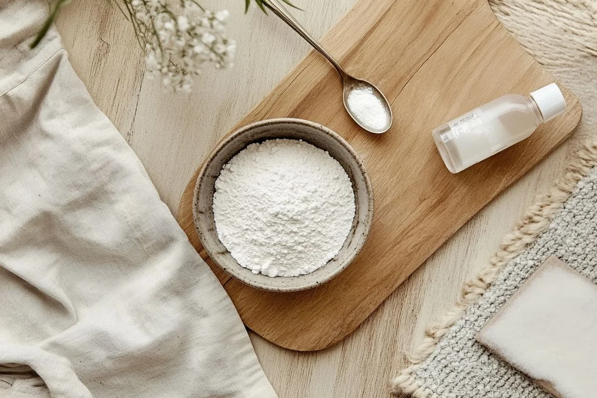 Baking soda stain remover powder beside a cloth, bowl, and cleaning spray on a kitchen counter