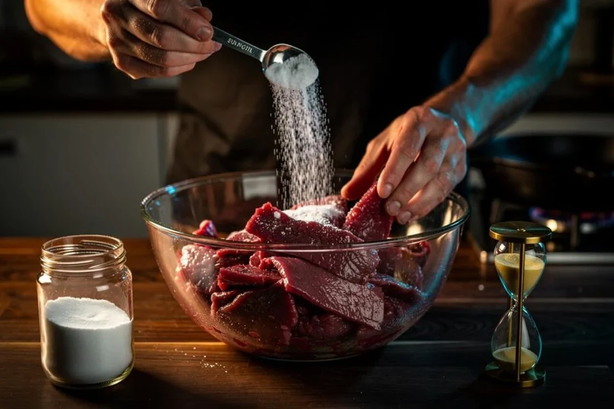 Raw sliced meat being tenderized with baking soda in a kitchen bowl