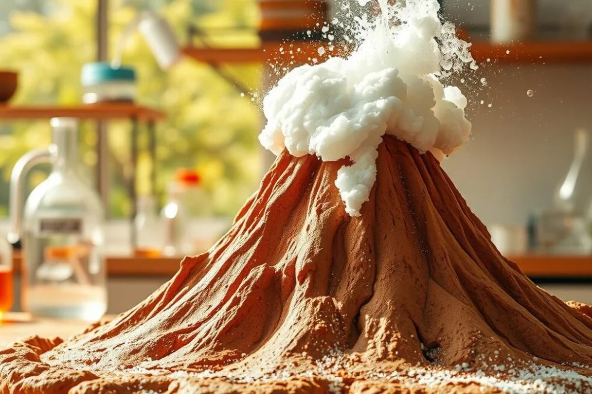 Child-friendly vinegar and baking soda volcano experiment with foamy eruption on a tray