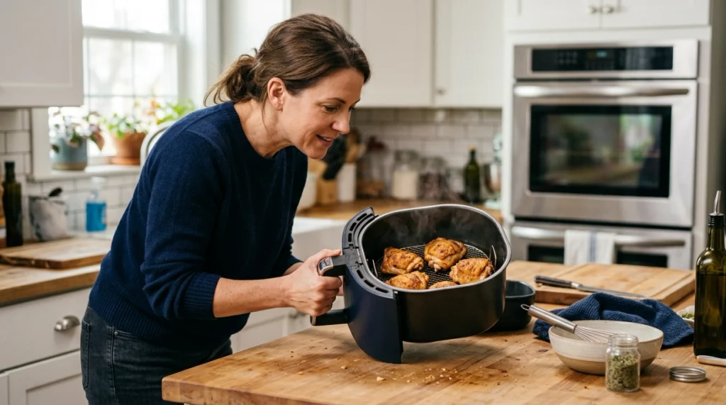 Cook checking air fryer food when converting 25 oven minutes to about 19–20 minutes