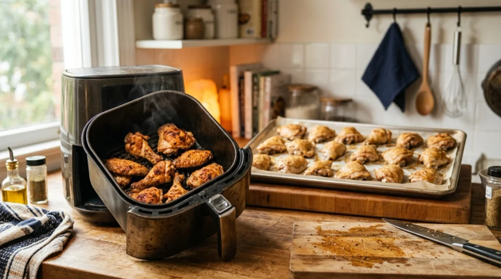 Small air fryer chicken batch beside a larger oven tray comparing cooking capacity.