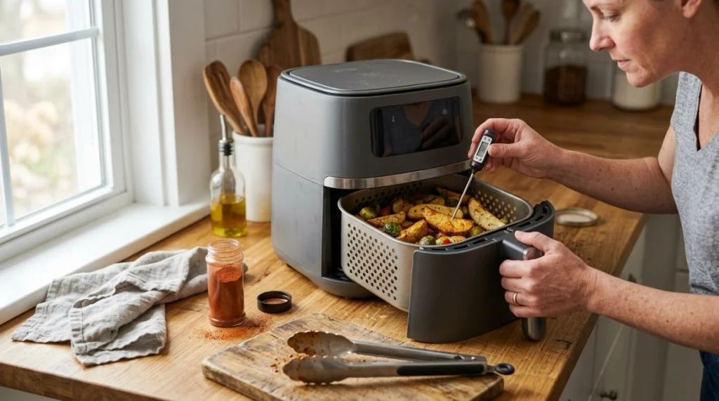 Home cook checking air fryer food early and avoiding an overcrowded basket