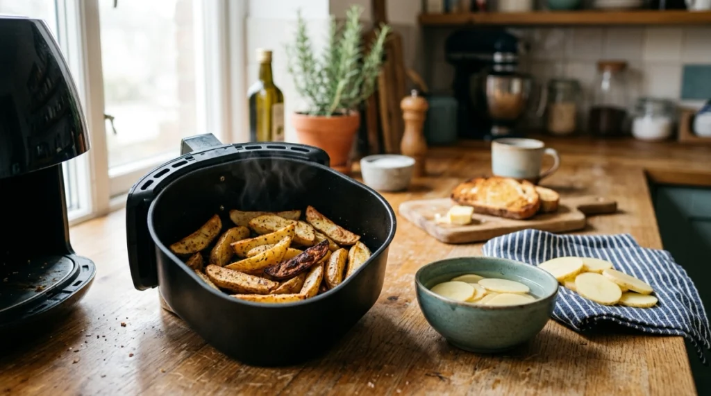 Golden and over-browned potatoes beside soaking slices illustrate acrylamide concerns from high-temperature air frying.