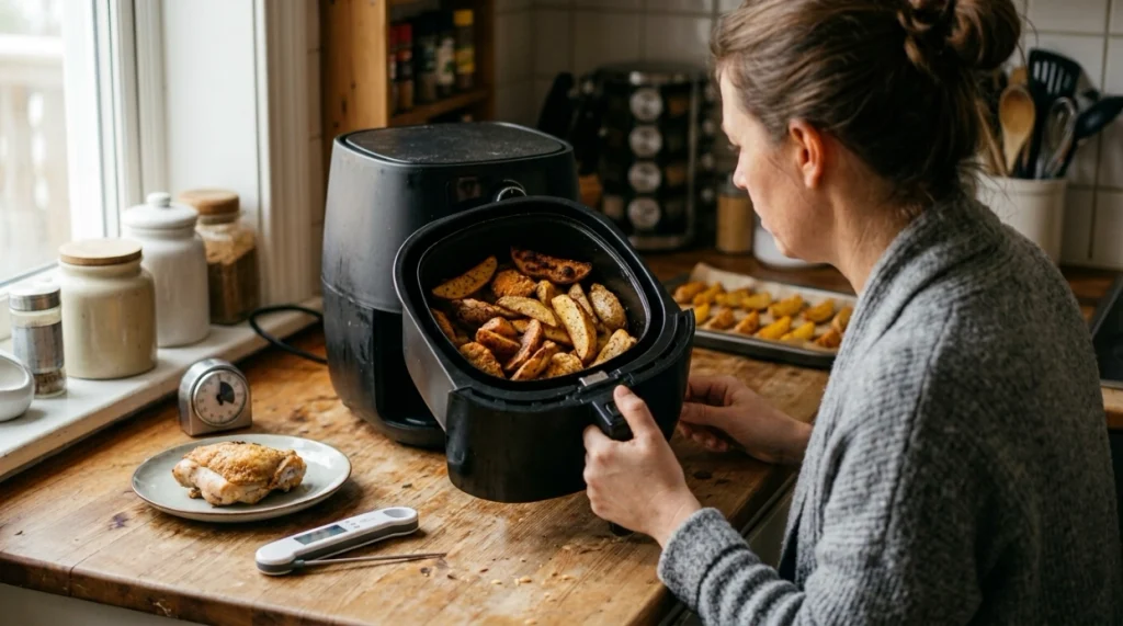 Overcrowded air fryer basket and food thermometer illustrating common 20 20 rule mistakes