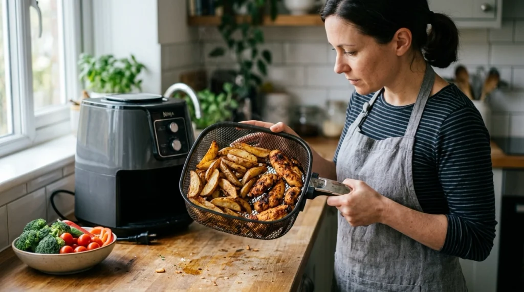 Golden and over-browned air fryer food with a home cook checking basket condition