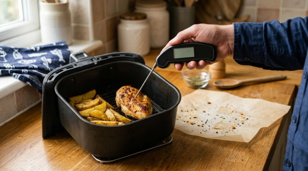 Are air fryers healthy to use? Golden potatoes and chicken checked with a food thermometer.