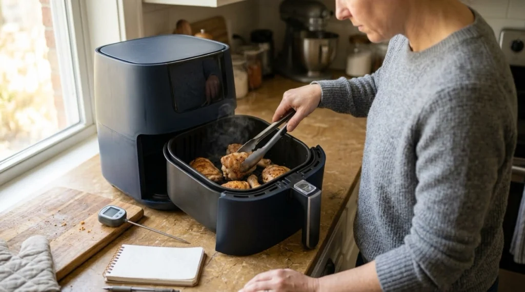 Home cook spacing chicken in an air fryer basket with a food thermometer nearby