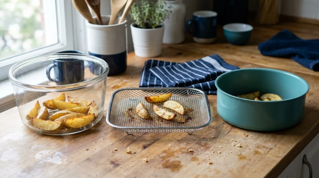 Glass, stainless steel, and PFAS-free ceramic air fryer cooking surfaces side by side