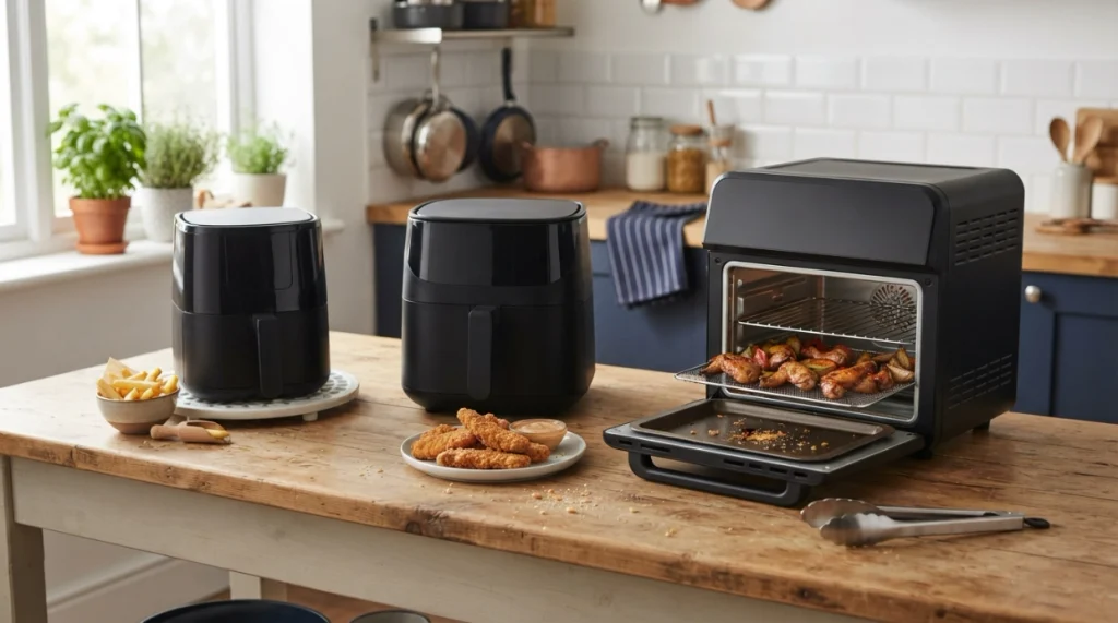 Small, medium, and large air fryers showing practical serving capacity differences