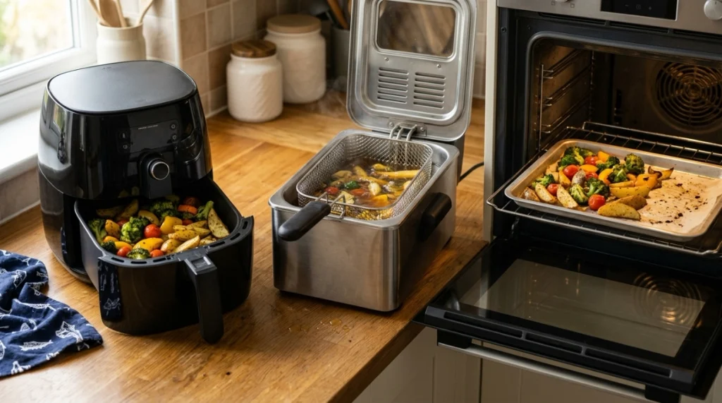 Are air fryers healthy to use? Air fryer, deep fryer, and oven compared in a home kitchen.
