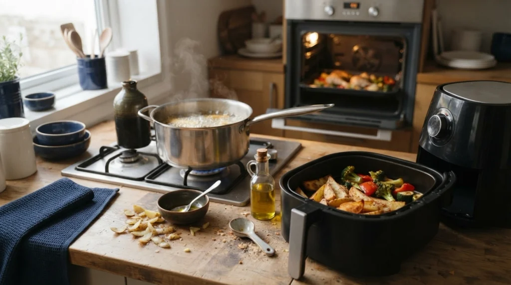 Air fryer, deep fryer, and oven compared in a real kitchen with different oil use.