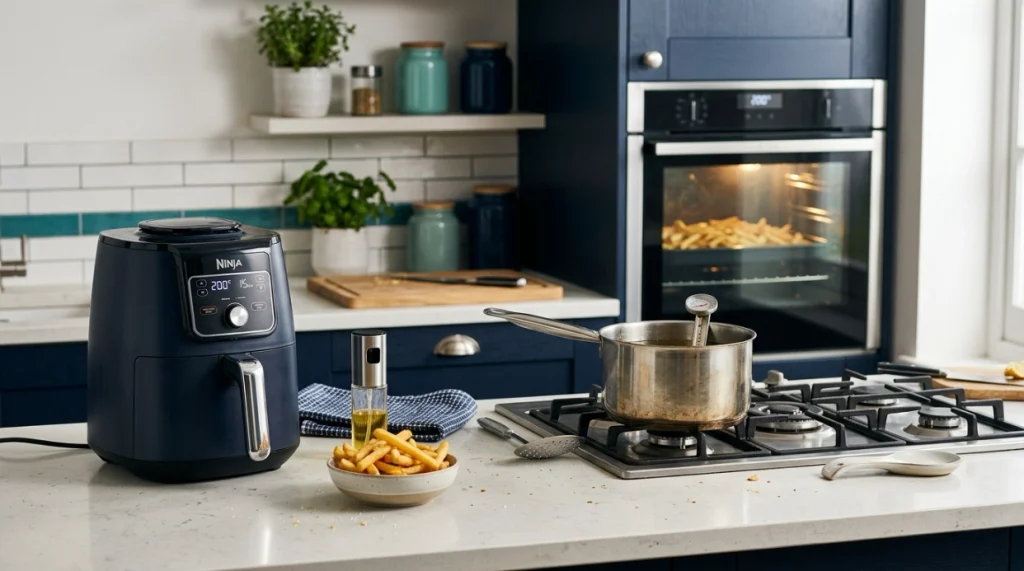 Air fryer beside oven and deep-frying setup comparing different cooking methods