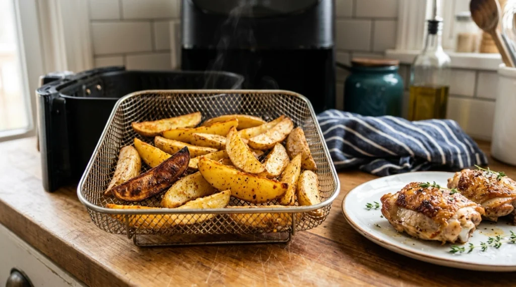 Golden and dark-browned potatoes in an air fryer illustrating high-temperature cooking concerns