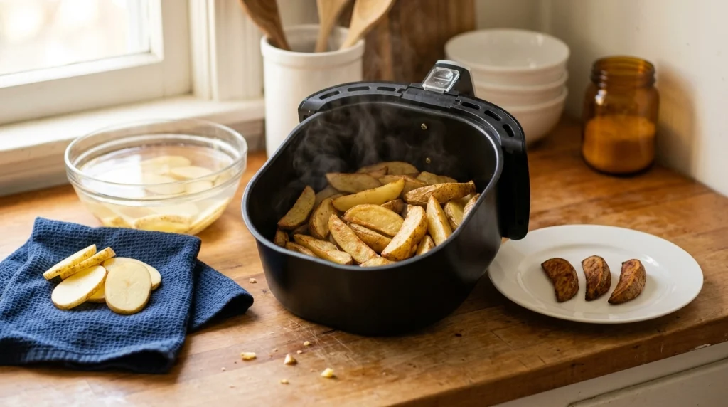 Air fryer side effects shown with golden and dark potato wedges plus potatoes soaking before cooking.