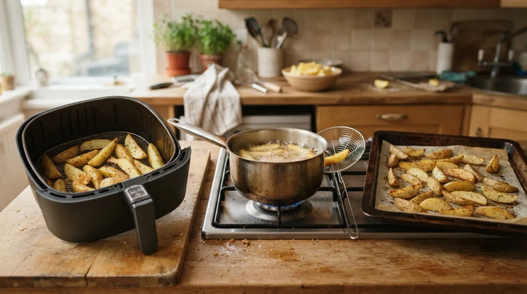 Air fryer, deep fryer, and oven-baked potatoes compared to show differences in cooking oil exposure