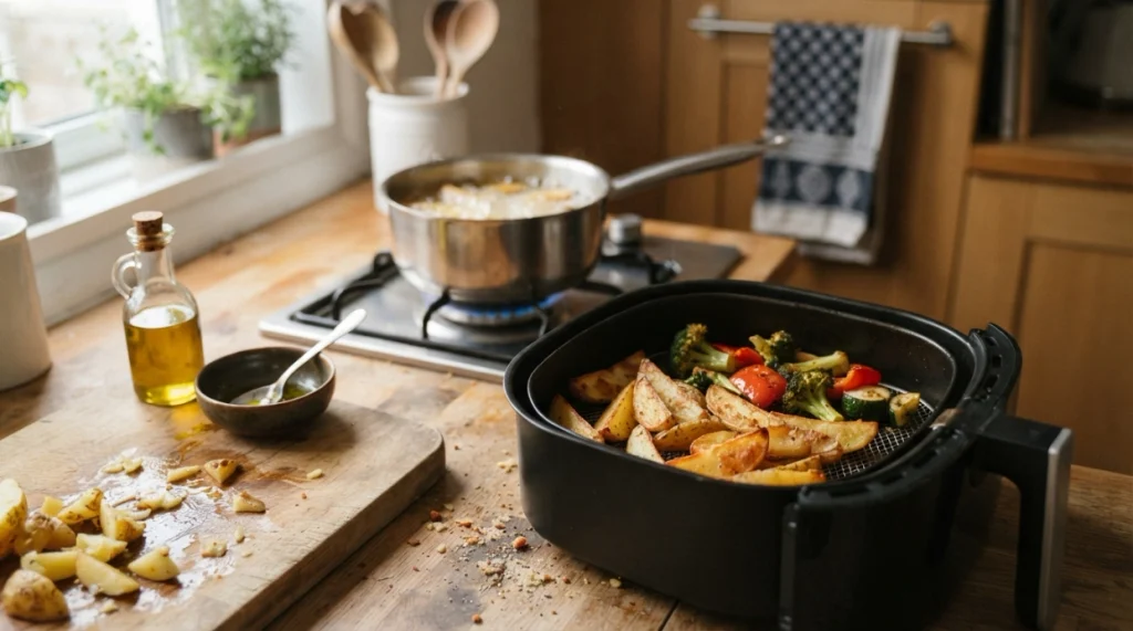 Air fryer beside deep fryer showing lower-oil cooking for the is air frying healthy comparison.
