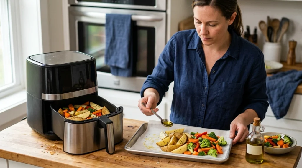 Air fryer and oven tray with measured oil comparing air frying and baking calories.