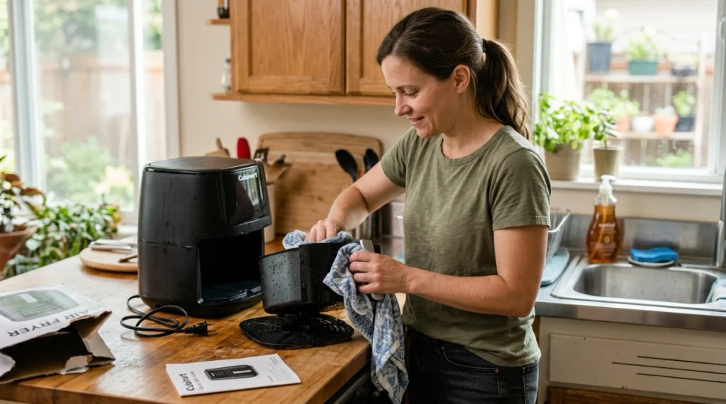 Home cook washing and drying air fryer parts before using a new air fryer